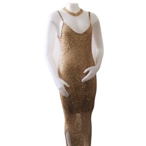 Gold Crochet Knit  Spaghetti Strap Maxi Dress